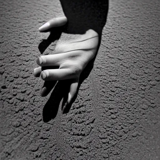 Image similar to Woman made out of sand sitting in desert and staring down at her hand as it slowly blows away and disappears grain by grain. high quality, photo realistic, ultra detail, artistic lighting, realistic, award winning photo, trending on artstation