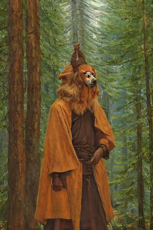 Image similar to Slavic dog head man, woolen torso in medieval clothes, walking in the forest, Orthodox Saint Christopher, oil painting, magic lights, painting by Viktor Vasnetsov, concept art, painting by Ivan Shishkin, hyperborea, hyperrealism, beautiful, high resolution, trending on artstation,