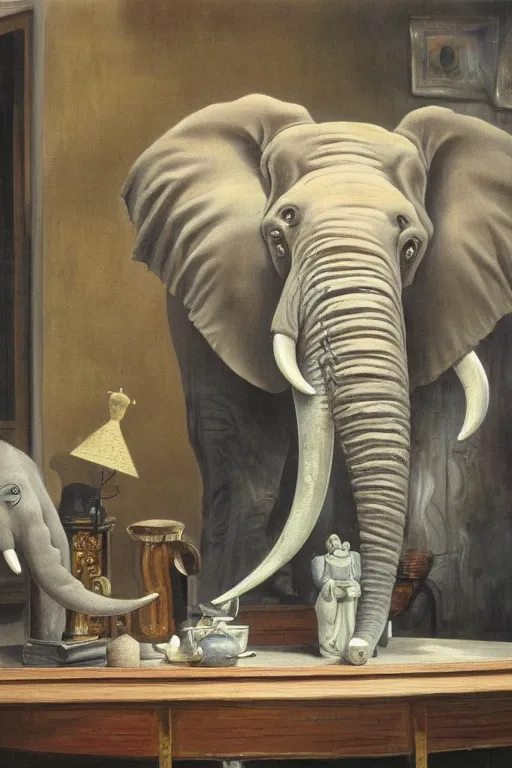 Prompt: one elephant in a porcelain shop, cgsociety, oil painting by dali