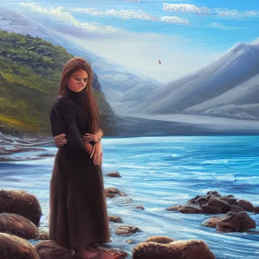 Prompt: detailed stunning oil painting of lonely girl standing on the rocky shore of a cold beach, snowy mountains in the background, car sinking in water,