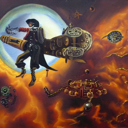 Image similar to A steampunk pirate attacks a spaceship. Oil painting