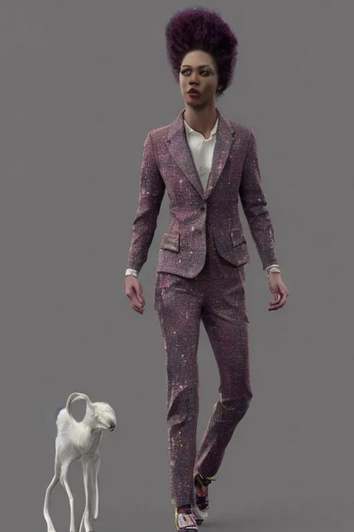 Image similar to a scene with a creature wearing a super detailed muted color diy! suit with fluo details, vivienne westwood!, detailed photoreal render octane render, pointillism, full body