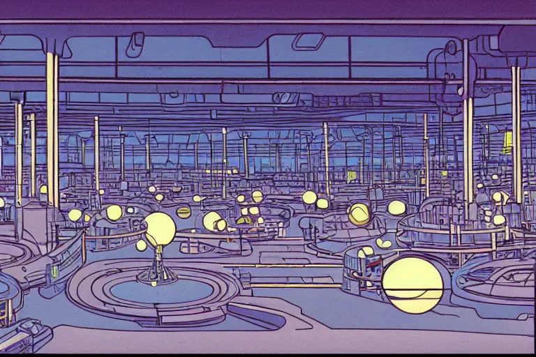 Image similar to a scifi illustration, factory interior. seen from above. vats of fluid. flat colors, limited palette in FANTASTIC PLANET La planète sauvage animation by René Laloux