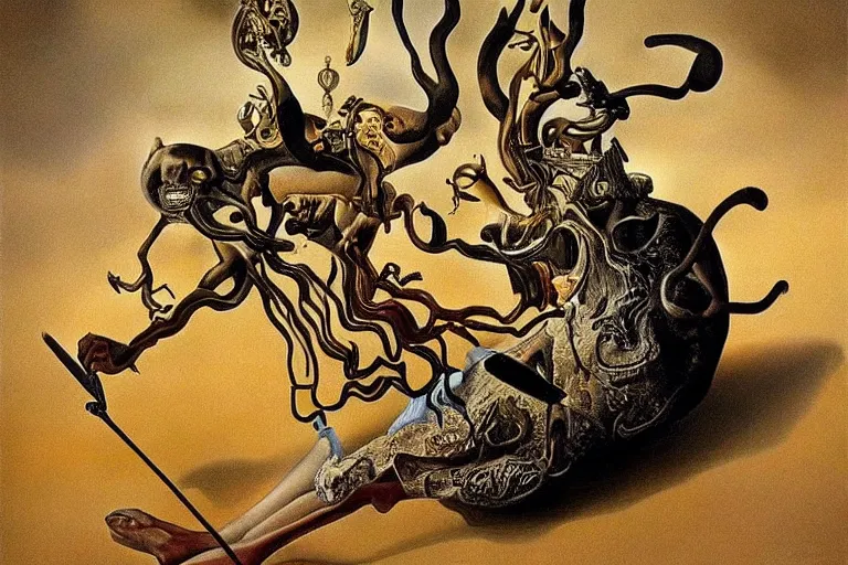 Image similar to Painting by Salvador Dali, Extremely Highly detailed, Occult, funny, humorous, humor, hilarious, funny, entertaining, magical, trending on artstation HQ, closeup, D&D, intricate, elegant, highly detailed, digital painting, artstation, concept art, matte, sharp focus, illustration, surrealism