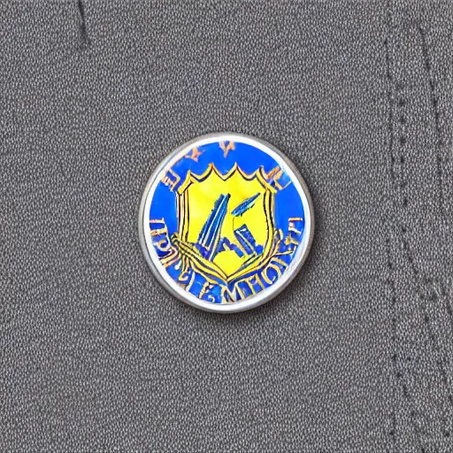Image similar to high school badge, lapel, pinnable, highly detailed, grey background, restrained