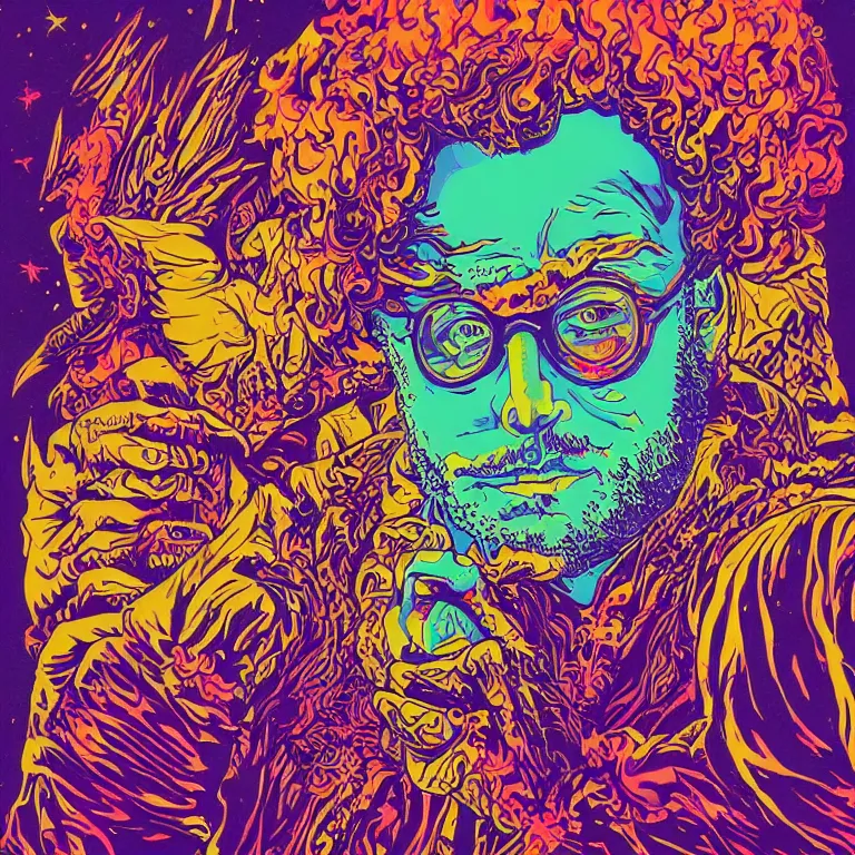 Prompt: beautiful colorful hyperrealist highly detailed psychedelic music poster'zombie seth rogen ', psychedelic art nouveau, beautiful high contrast colored wood engraving, moebius comic style, shocking detail trending on artstation 8 k