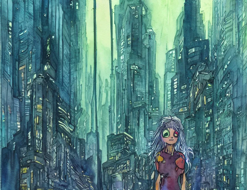 Image similar to forest spirit lost in a metropolis. this watercolor painting by the award - winning comic artist has dramatic lighting, an interesting color scheme and great sense of depth.