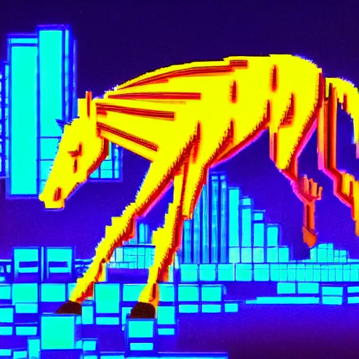 Image similar to A synthwave horse inspired by Tron. Trending on Artstation. Digital screenshot. Faded film grain. 1980s Computer Graphics.