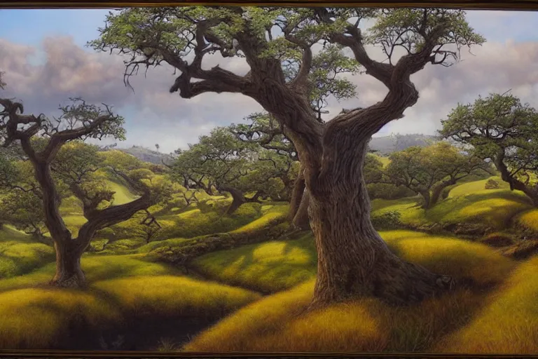 Image similar to masterpiece painting of oak trees on a hillside overlooking a creek, dramatic lighting, by chie yoshii