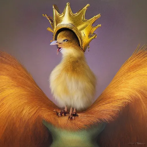 Image similar to a cute furry chick wears a golden metal crown on its head, by esao andrews, by m. w. kaluta, volumetric light, rich colors, very humorous oil painting, realistic reflections, smooth, concept art, depth perception, high depth of field, 4 k, unreal engine 5, ultradetailed, hyperrealistic, artstation