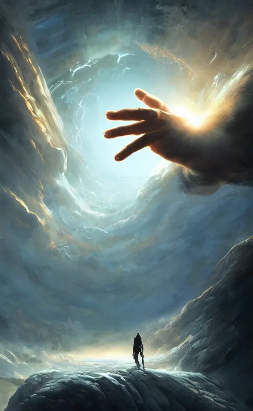 Prompt: the hand of God coming out of a portal hopping and time warping with reckless abandon, dramatic scene, masterpiece digital painting by Greg Rutkowski, Alex Grey, artstation, 4k wallpaper