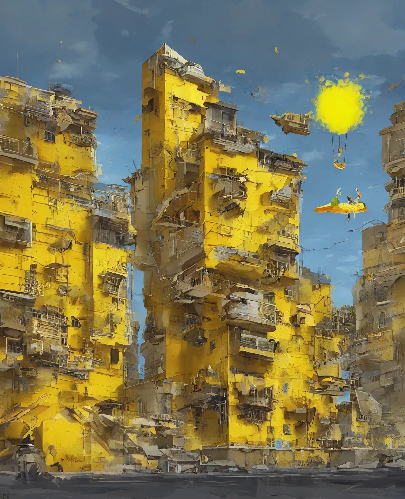 Prompt: a painting of a yellow building floating in the air, concept art by kamal ud - din behzad, artstation, maximalism, official art, concept art, 2 d game art