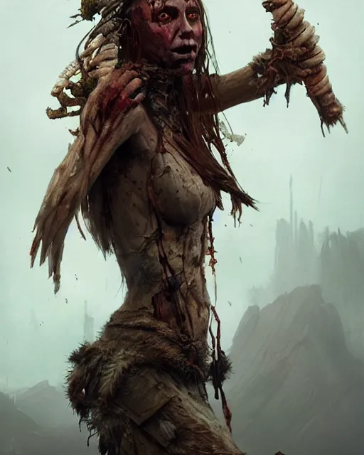 Image similar to hyper realistic photo of postapocalyptic cannibal scavenger shaman woman, full body, cinematic, artstation, cgsociety, greg rutkowski, james gurney, mignola, craig mullins, brom,