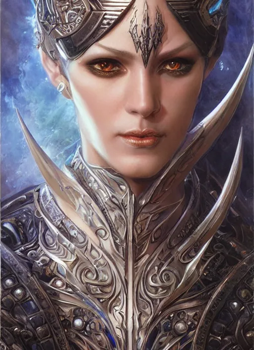 Image similar to a highly detailed painting of a evil female fantasy paladin sorceress with piercing beautiful eyes, art by karol bak and mark brooks and donato giancola and bayard wu, reallusion character creator, depth perception, elegant, intricate