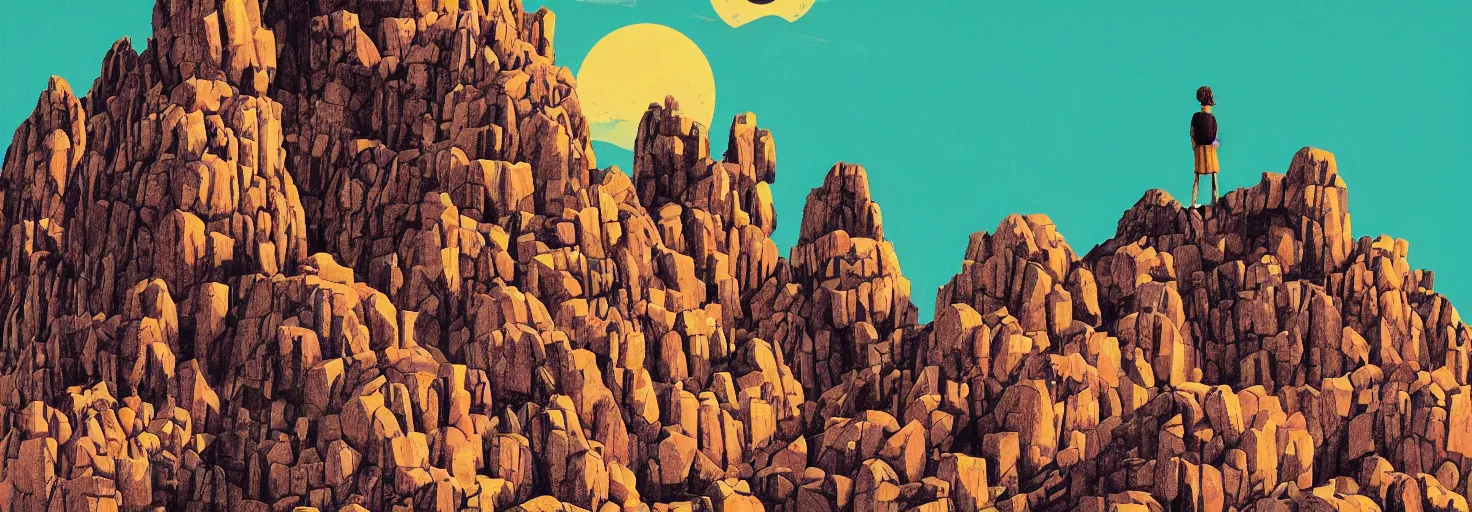 Prompt: a small figure looks up at a giant ancient stone burger mountain range, Wes Anderson, Poster, megalophobia, digital art, striking, dramatic, cinematography, brightly lit, masterpiece