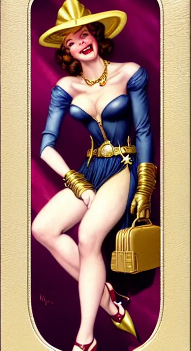 Image similar to a beautiful lady on a magic the gathering card by magali villeneuve and gil elvgren, crisp details, hyperrealism, smiling, happy, feminine facial features, stylish navy blue heels, gold chain belt, cream colored blouse, maroon hat, windblown, holding a leather purse, mtg card, mtg