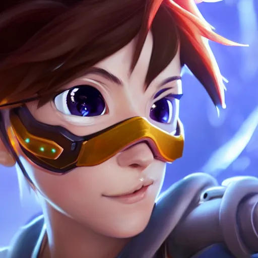 Image similar to highly detailed extreme closeup portrait of tracer from overwatch, in disney, stephen bliss, unreal engine, art by greg rutkowski, loish, rhads, ferdinand knab, makoto shinkai and lois van baarle, ilya kuvshinov, rossdraws, tom bagshaw, global illumination, radiant light, detailed and intricate environment