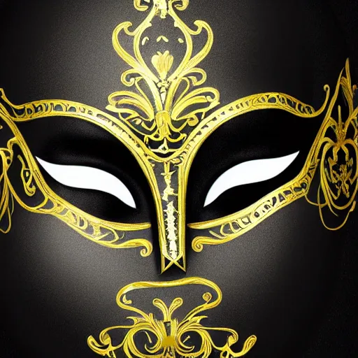 Image similar to a white - and - gold venetian mask emerging from thick black paint, digital art