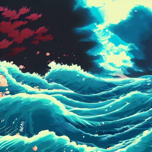 Prompt: tumultuous plunging waves, anime artwork, studio ghibli, stylized in an anime format, 4 k quality, trending on artstation