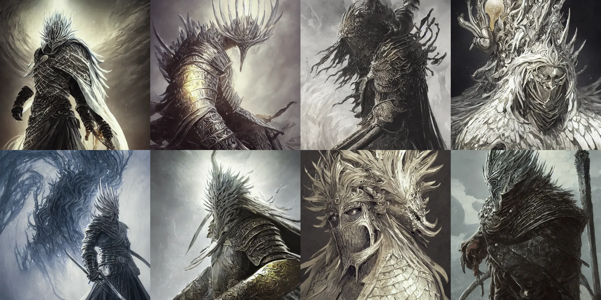 Prompt: beautiful illustrated portrait of the nameless king (from Dark Souls III) the god of storms and warfare and iron wearing heavy iron armor, painted, 4k artwork, trending on artstation, octane render, art by artgerm and greg rutkowski and alphonse mucha and craig mullins and James Jean and Andrei Riabovitchev and Marc Simonetti and peter mohrbacher
