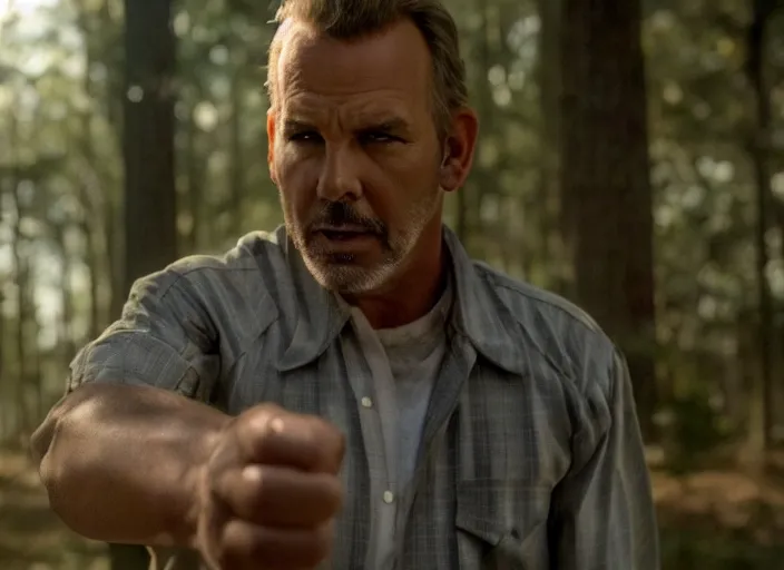 Prompt: film still of!!!!! kevin costner!!!!! as jim hopper in stranger things, 4 k