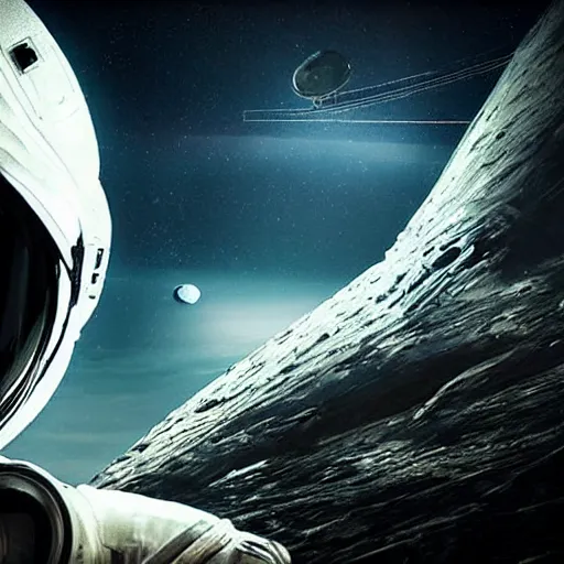 Image similar to ultra realistic, astronaut looking up at big eerie hell space cathedral on a destroyed planet with an obsidian vortex floating in the sky above in an eerie realistic art style, black background, occult, photo realistic, dark atmosphere