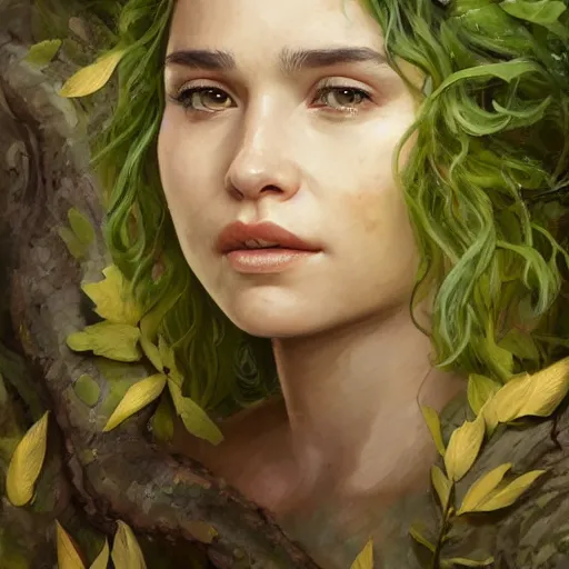 Prompt: emilia clark as a dryad, her skin are yellow leaves portrait, highly detailed, headshot, digital painting, trending on artstation, concept art, sharp focus, illustration, art by artgerm and greg rutkowski and magali villeneuve