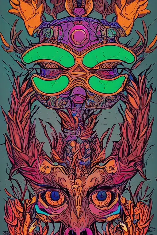 Image similar to animal mask totem roots flower tribal feather gemstone plant wood rock shaman vodoo video game vector cutout illustration vivid multicolor borderlands comics by josan gonzales and dan mumford radiating a glowing aura