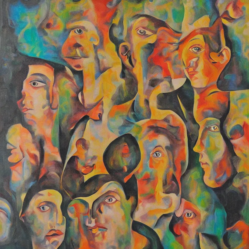 Image similar to highly strange recursive painting of wondering faces looking at each other BANG WHAT A SHAME ON YOU HAHAHA detailed and highly reliefed oil painting with canvas texture in style of Magritte, Sascha Schneider, Giorgio de Chirico, Pollock photorealistic, surrealistic, masterpiece, balanced composition, natural colors