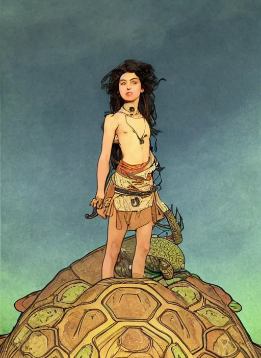 Image similar to a little warrior girl standing on top of one giant turtle walking in the desert. the girl has dark skin and beautiful green eyes, realistic full body and a very beautiful detailed symmetrical face with long black hair. diffuse light, dramatic sky and landscape, long shot fantasy illustration by mucha