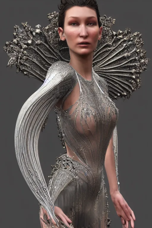 Image similar to a highly detailed 4 k render of a beautiful angel alien goddess bella hadid in iris van herpen dress schiaparelli in diamonds in style of alphonse mucha trending on artstation made in unreal engine 4