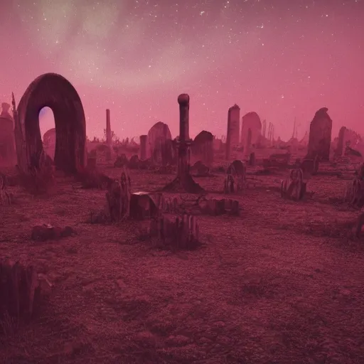 Prompt: new planet, red, red sky, depth, creepy, monsters, eyes, graveyard, death, dead, red eyes, 8k, hyperrealistic, depth, vray, high resoulution, deathly