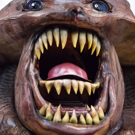 Prompt: a taxidermized smiling horror of the abyss, in a museum, on a pedestal, 8 5 mm lens, 7 0 mm entrance pupil diameter, close - up photograph, high detail, 4 k, soft focus, depth of field