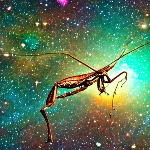 Prompt: celestial praying mantis made out of galaxies, universe, nebulas, mystical, majestic.