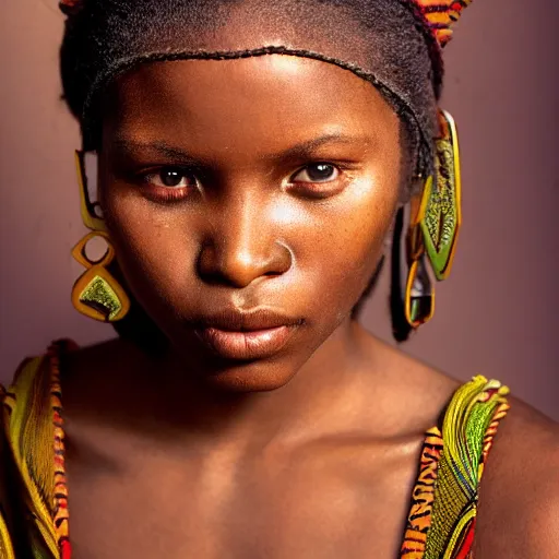 Image similar to vintage portrait of a stunningly beautiful west african tribal female, depth of field, zeiss lens, detailed, symmetrical, centered, fashion photoshoot, by edward s curtis, Annie Leibovitz and Steve McCurry, David Lazar, Jimmy Nelsson, alphonse mucha, Breathtaking, 8k resolution, extremely detailed, beautiful, establishing shot, artistic, hyperrealistic, beautiful face, octane render