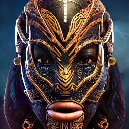 Image similar to african tribal mask in wakandan style cyberpunk, ultra realistic, concept art, intricate details, eerie, horror, highly detailed, photorealistic, octane render, 8 k, unreal engine. art by artgerm and greg rutkowski and alphonse mucha