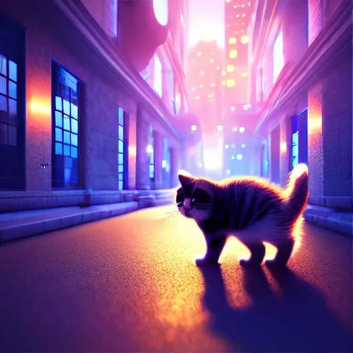 Prompt: high quality 3 d render very cute fluffy cat on luminescent city lights background, highly detailed, unreal engine cinematic smooth, moody light, low angle, uhd 8 k, sharp focus