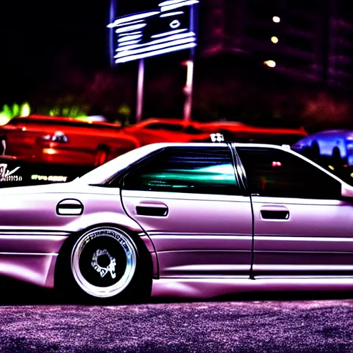 Image similar to a car JZX100 at illegal car meet, Saitama prefecture, long exposure, milkyway, cinematic color, photorealistic, highly detailed