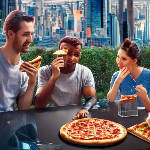 Image similar to people eating pizza in a futuristic city, 8k ultra hd, hyper detailed