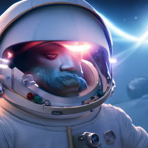 Image similar to astronaut game character in viking quest, game art, splash art, movie still, cinematic lighting, 2d game, octane render, long lens, shallow depth of field, bokeh, anamorphic lens flare, 8k, hyper detailed, 35mm film grain