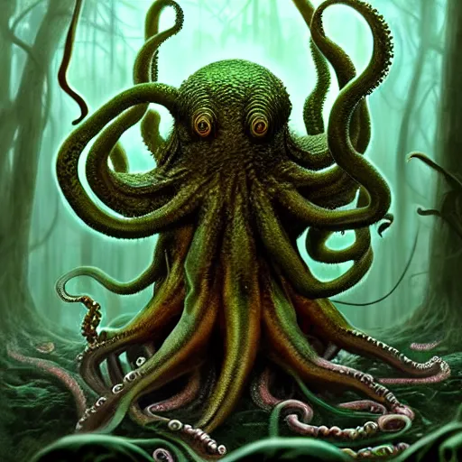 Prompt: cthulhu octopus frog sitting on mushroom, full body shot, highly detailed, forest, digital painting, concept art, sharp focus, illustration, masterpiece, matte painting, glorious, unsettling, by lovecraft and greg rutkowski, luis royo and wayne barlowe, artstation