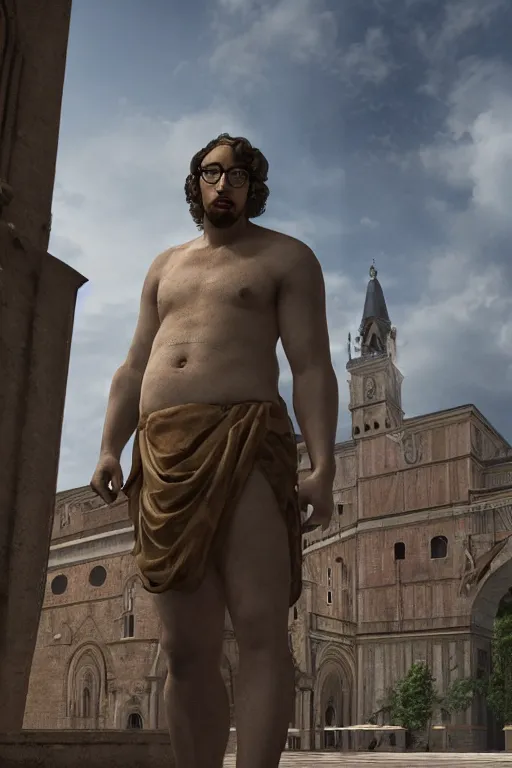 Prompt: Sam Hyde towering over Renaissance Italy, sigma male, rule of thirds, award winning photo, unreal engine, studio lighting