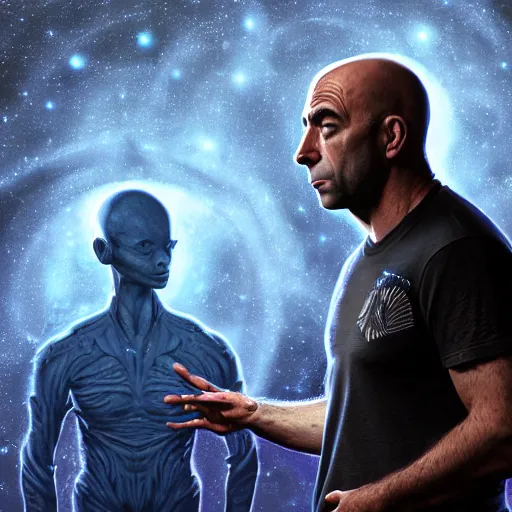 Image similar to Joe Rogan talking to aliens from another galaxy, intricate, elegant, highly detailed, digital painting, artstation, smooth, sharp focus, medium shot, mid-shot, Unreal Engine 4k