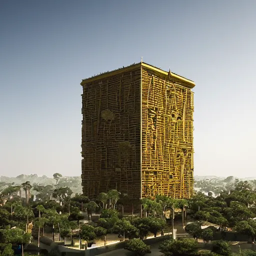 Prompt: 2 0 0 m tall modular truncated stacked tower made of beige stone and gold mesh screens, ancient sacred design, solid massing, engraving and inscriptions on the facade, vegetated roofs and balconies, photorealism, octane render, hyper realistic, arid mountains and palm forest, 8 k