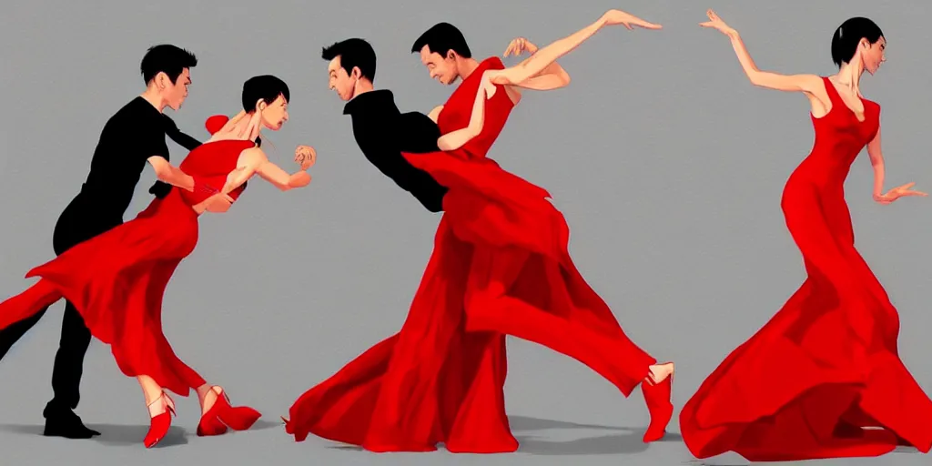 Image similar to Dancing Gesture draw by Stanley Artgerm Lau, Gesture draw, Salsa Dance, couple, lady using red dress, guy using a fancy suit, Salsa tricks, WLOP, Rossdraws, James Jean, Andrei Riabovitchev, Marc Simonetti, and Sakimichan, trending on artstation