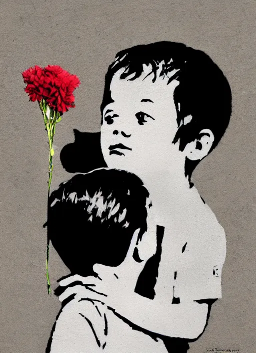 Image similar to a side profile of a single boy holding flowers in the style of Banksy, graffiti, digital art