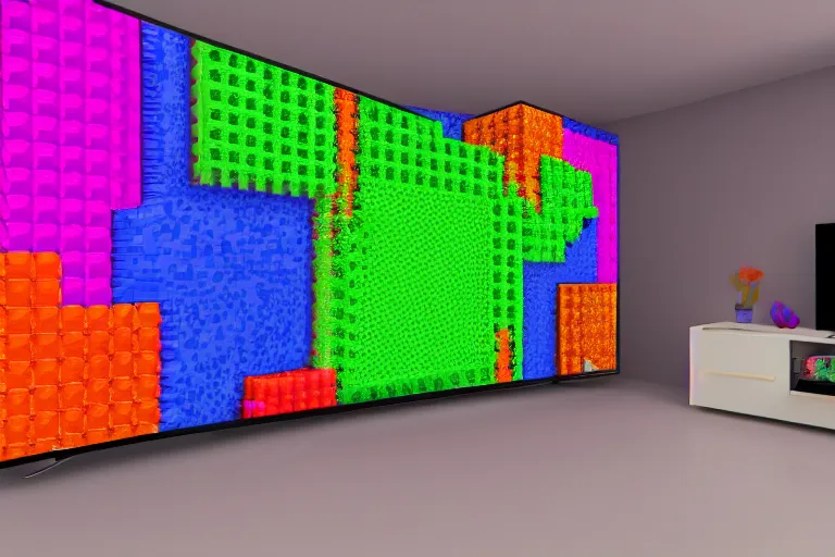 Image similar to a 3d voxel character crawling out of 2d pixels on a tv screen, colorful living room