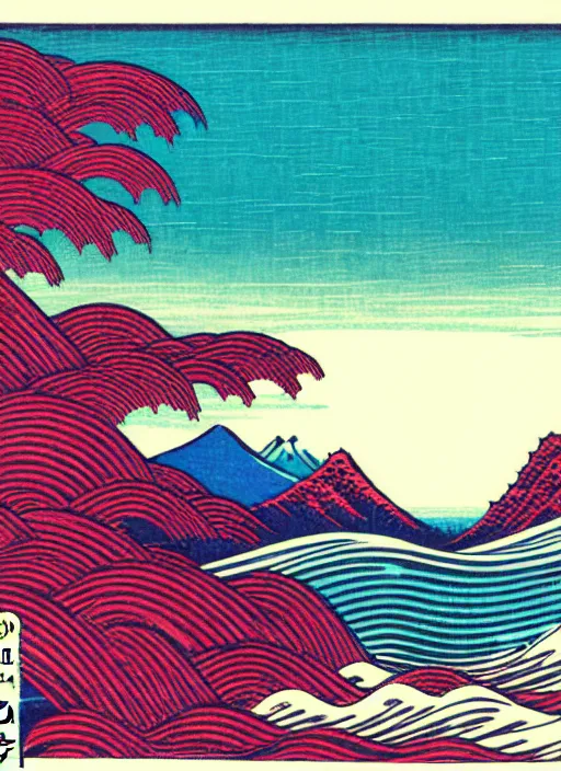 Image similar to a painting of waves in the ocean with mountains in the background, a woodcut by utagawa hiroshige ii, pixiv, ukiyoe, ukiyoe, vaporwave, woodcut