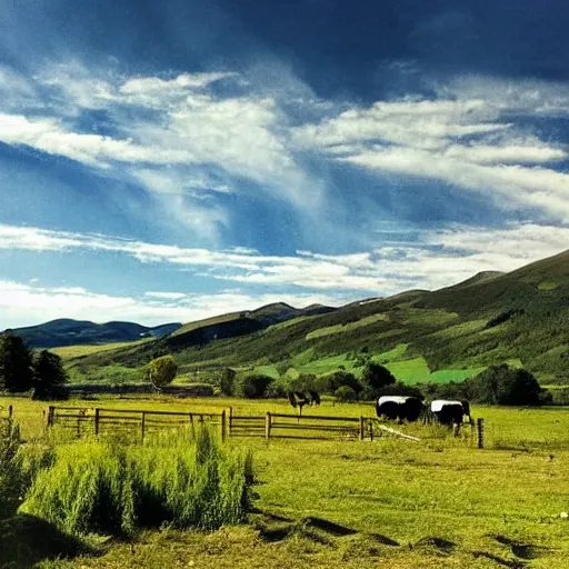 Image similar to beautiful landscape by Hugh Ferris, small houses, unexploited area, blue sky, sunny day, animals all around, cows and sheeps, big mountains in the back, huge lake, singing birds