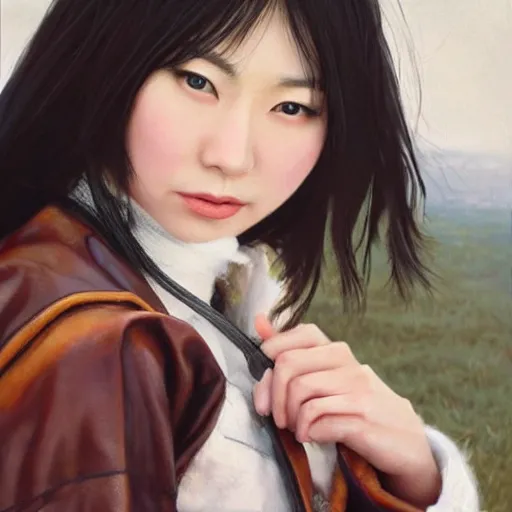 Image similar to perfect, realistic oil painting of close-up japanese young woman wearing leather jacket, in LOTR